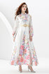 Sweet Young Lady Vintage Floral Print Long Lantern Sleeves, Stand-Up Collar Long Maxi Dress